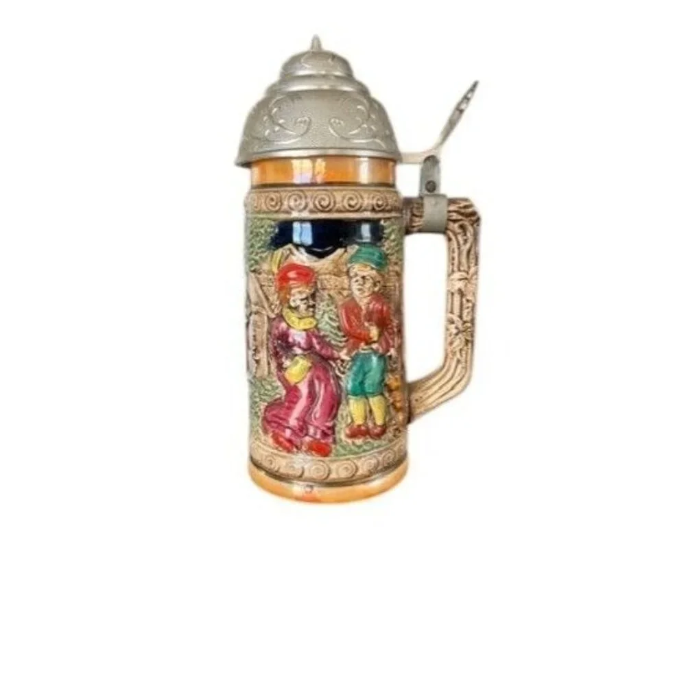 Vintage German musical beer stein, embossed painted scenes, hinged pewter lid